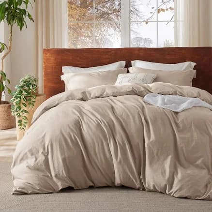 Bedsure 100% Washed Cotton Duvet Cover Queen - Warm Sand Minimalist Duvet Cover Set Linen Like - 3 Pieces GentleSoft Plain Simple Duvet Cover Set