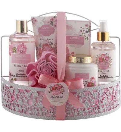 Home Spa Gift Basket Wild Rose & Raspberry Leaf 7 Piece Bath & Body Set