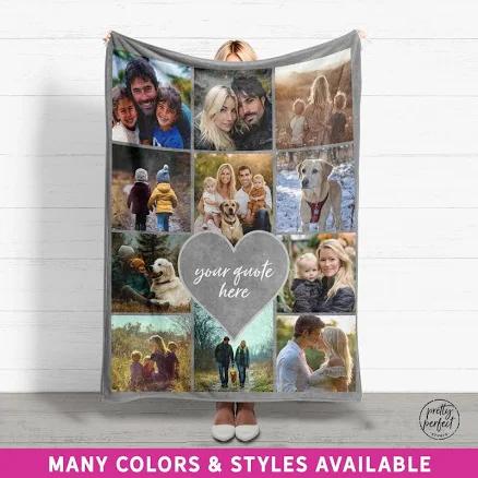 Customizable Photo Blanket Collage, Personalized Christmas Gifts for Grandpa, Custom Blanket with Text, Picture Collage Blankets