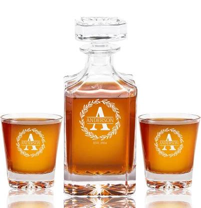 Personalized Whiskey Decanter Set - Customized Gift for Men - Engraved Bourbon Old Fashioned Classic Square Decanter with Optional Whiskey Glasses