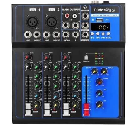 QudosXy Professional Audio Mixer Sound Board Console System Interface 4 Channel Digital USB Bluetooth MP3 Computer Input 48V Phantom Power Stereo DJ