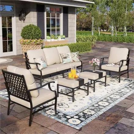 Black 5-Piece Metal Meshed 7-Seat Outdoor Patio Conversation Set Cushions 2 Chairs and 2 Ottomans