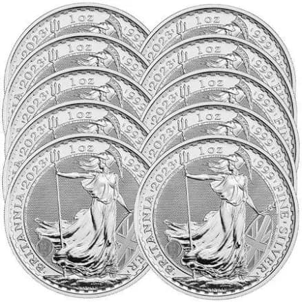 Lot of 10 - 2023 U.k. 2 Pound Silver Britannia .999 1 oz BU, Women's, Size: One size, Grey Type