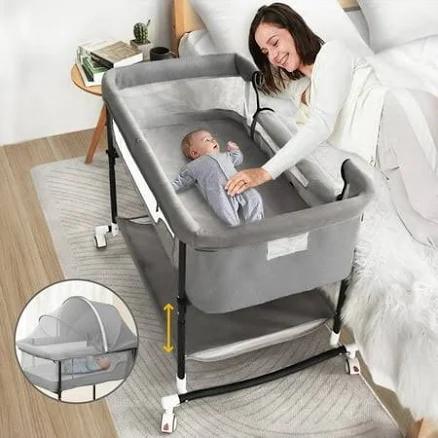 Baby Bassinet 4 in 1 Adjustable Infant Bedside Crib Beds with Changing Table, Storage Basket