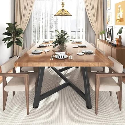 72" Farmhouse Wood Dining Table for 4 5 6 People, Rustic Solid Wood Brown Rectangular Kitchen Tables, Large Dinner Table w/Adjustable Metal Leg for