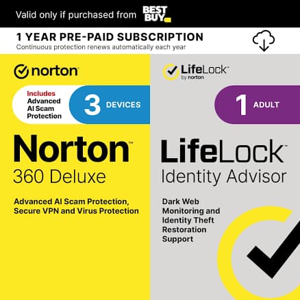 Norton - 360 Deluxe (3 Device) with LifeLock Identity Advisor (1 Adult) Internet Security Software + VPN (1 Year Subscription) - Android, Apple iOS,