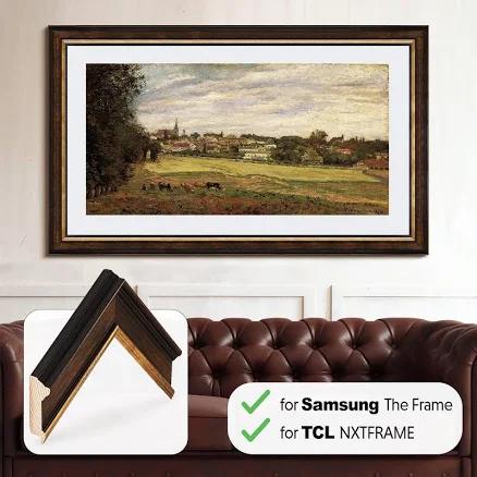 TV frame for Samsung The Frame TV, Handmade Tv Bezel for TCL NXTFrame Tv, Dark Wood & Gold Leaf, Tv Frame Sizes 32 43 50 55 65 75 85 inch