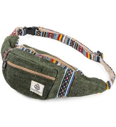 Freakmandu Collections Freakmandu Eco-Friendly Green Boho Hippie Style Hemp Fanny Pack Cross Body Hip Waist Bag for Hiking Running Jogging