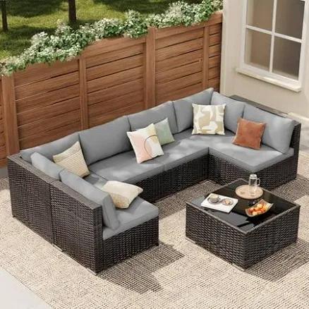 Lofka 7-Piece Outdoor Sectional Furniture Set with Glass Coffee Table