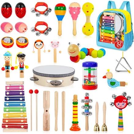 Toddler Musical Instruments Set, 32 PCS 19 Kinds Wooden Percussion Instruments Toys for Kids Playing Preschool Education, Early Learning Baby