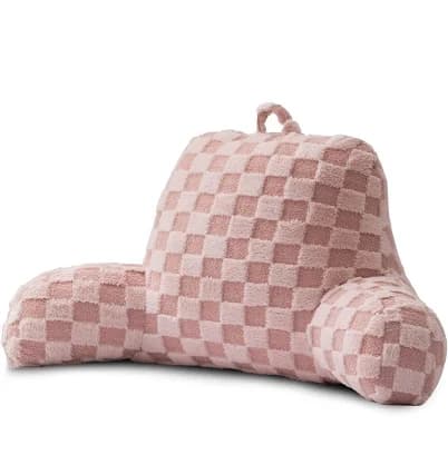 A Nice Night Faux Fur Reading Pillow,Checkered Fluffy Grid Plaid,Bed Wedge Pillow Large Adult Children Backrest with Arms for Bedrest,Pink