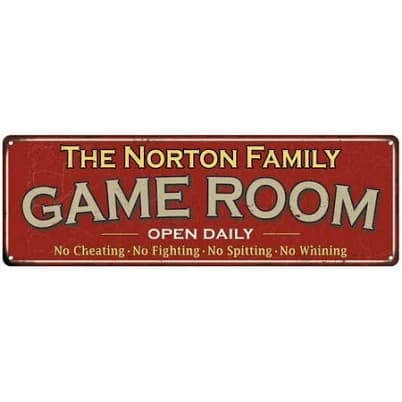 The Norton Family Personalized Red Game Room Metal Sign