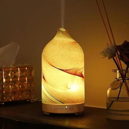 Essential Oil Diffuser Hand Blown Glass Aromatherapy Diffuser - Ultrasonic Cool Mist Scent Aroma Diffuser, Whisper Quiet with Auto Shut-Off, Timer