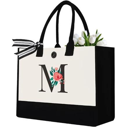 Initial Canvas Tote Bag, Personalized Birthday Gifts for Women Mom Friends Teachers, Monogrammed Tote Bags Suitable for Mother's Day Wedding Beach (