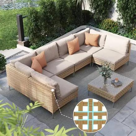 Grand patio 7-Piece Wicker Patio Furniture Set, Boho Outdoor Conversation Set Sectional Sofa with Water Resistant Thick Cushions and Coffee Table,