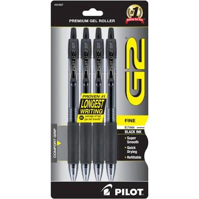 Pilot G2 Retractable Gel Pens Fine Point 0.7mm Clear Barrels Black Ink (Pack of 4)