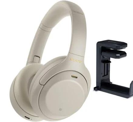 Sony WH-1000XM4 Wireless Noise Canceling Over-Ear Headphones (Silver) Bundle with Headphone Hanger Mount (2 Items)