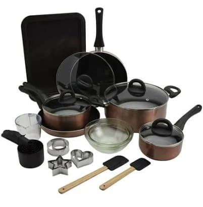 Basic Essentials 29-Piece Non-Stick Aluminum Cookware Set in Black with Baking Sheet, Cookie Cutters, Silicone Utensils, Glass Mixing Bowls, Measuring
