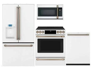 Package CAFEMW2 - Cafe Appliance Package - 4 Piece Appliance Package with Electric Range - Matte White with Brushed Bronze Hardware