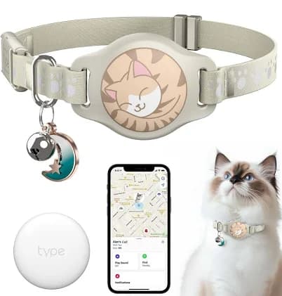 Cat Tracker Collar - Tracking Pet Collar with Finder Tag Waterproof, No Monthly Fee, Compatible with Apple Find My (iOS Only), Breakaway Tractive