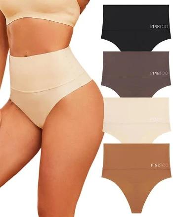 FINETOO Women Underwear High Waisted Thongs Tummy Control Seamless Thongs Shapewear No Show Panties 4 Pack S-3XL