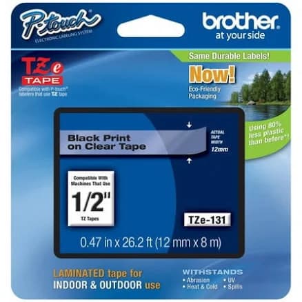 Brother 1/2 inch Black On Clear TZe P-Touch Tape