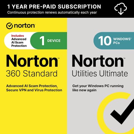 360 Standard with Norton Utilities Ultimate (1 Device) Antivirus Internet Security Software + VPN (1 Year Subscription) - Android, Apple iOS, Mac OS,
