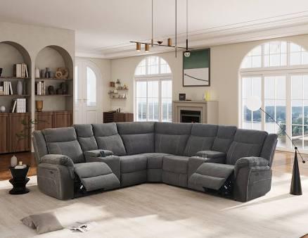 Power Reclining Sectional Sofa Set, Premium Fabric Recliner Couch with USB Port/Console Storage/Cup Holders Home Theater Sectional Sofa Set