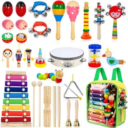 Kids Musical Instruments, 33Pcs 18 Types Wooden Percussion Instruments Tambourine Xylophone Toys for Kids Children, Preschool Education Early