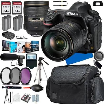 Nikon D850 DSLR Camera with 24-120mm Lens+Shot-Gun Microphone+Photo Software Package+Case+128 GIG Memory+Slave Flash+Tripod(13PC) Bundle (Renewed)