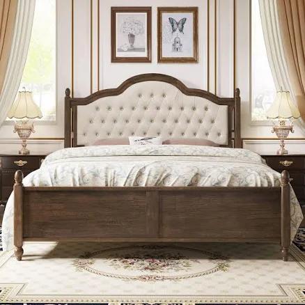 LUXOAK Solid Wood Bed Frame with Linen Upholstered Headboard, Queen Size Wood Platform Bed with Wood Slats, No Box Spring Needed, Easy Assembly,