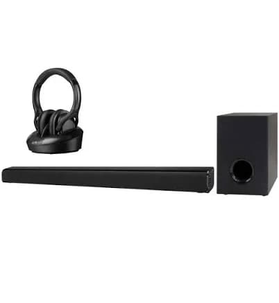Sound Bundle 37 in. Bluetooth Sound Bar with Wireless Subwoofer and RF Wireless Radio Frequency Headphones