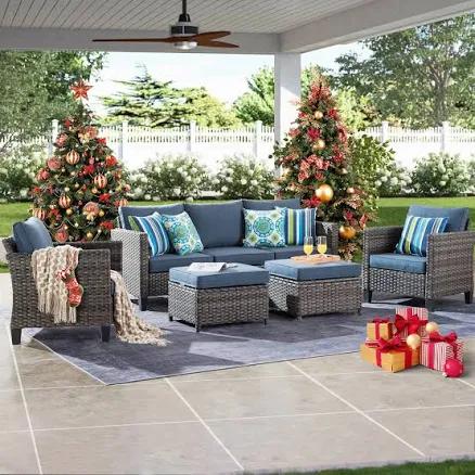 Ovios New Vultros 5-Piece Outdoor Patio Conversation Seating Set with Blue Cushions