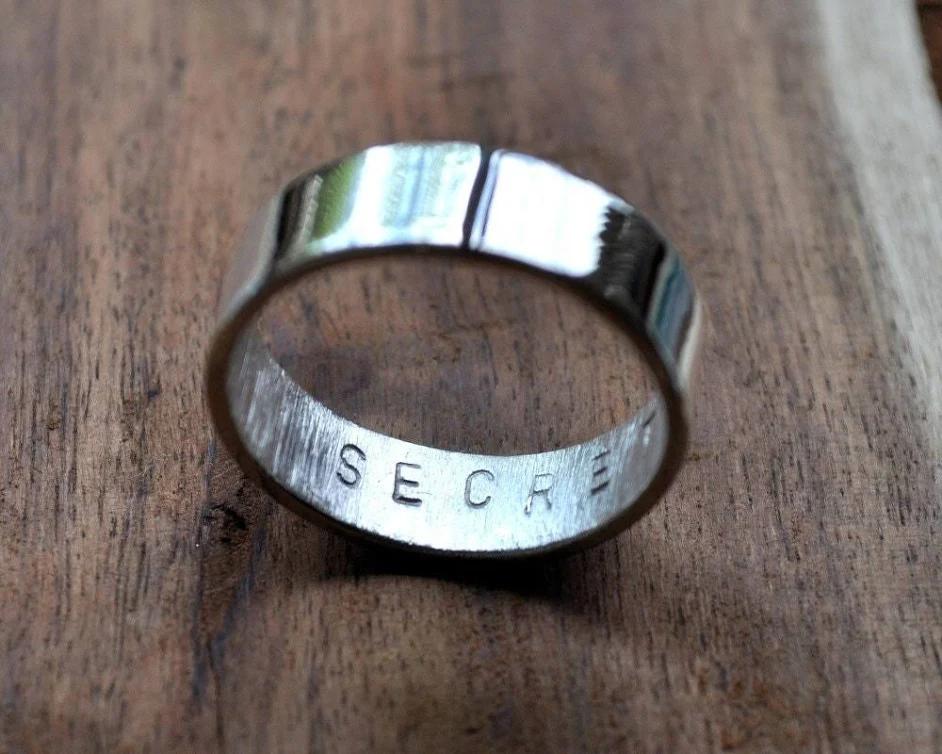 Men's 6mm Flat High Shine Secret Message Ring. Custom Stamped Sterling