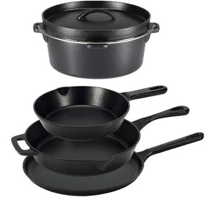 Amazon Basics Pre-Seasoned Cast Iron 5 Pieces Kitchen Pots and Pans Cookware Set