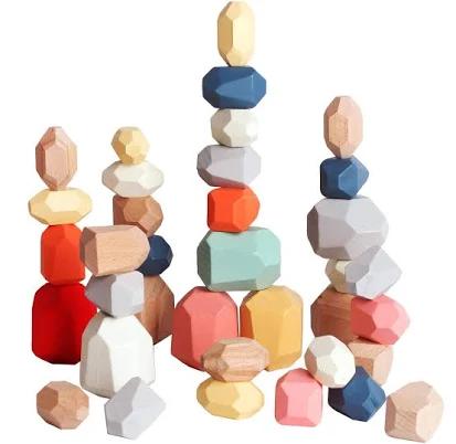 BESTAMTOY 36 Pcs Wooden Sorting Stacking Rocks Balancing Stones Educational Preschool Learning