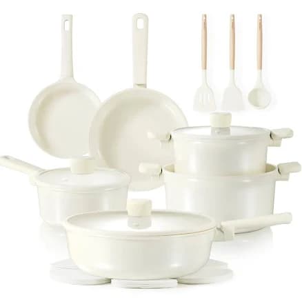 CAROTE 18Pcs Nonstick Ceramic Cookware Set, PFAS/PFOA Free, Cream White Pots and Pans Set Non Stick, Non-toxic Cookware,Kitchen Cooking Pan Set,