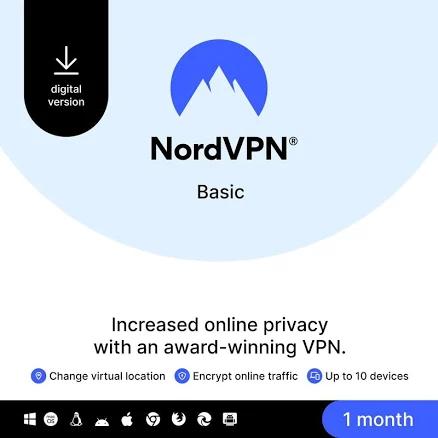 NordVPN Basic – 1-Month – Premium VPN Protection For Up to 10 Devices – Secure Your Traffic Data & Shield Your IP – PC/Mac/Mobile [Online Code]