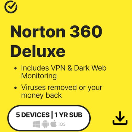 Norton 360 Deluxe - 5 Devices - 1 Year. Protection from Hackers, Viruses, Malware & Ransomware