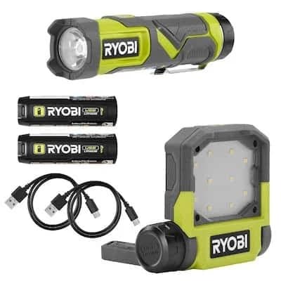 Ryobi USB Lithium 600 Lumen LED Compact Flashlight and 500 Lumen LED Pivoting Flip Light Kit