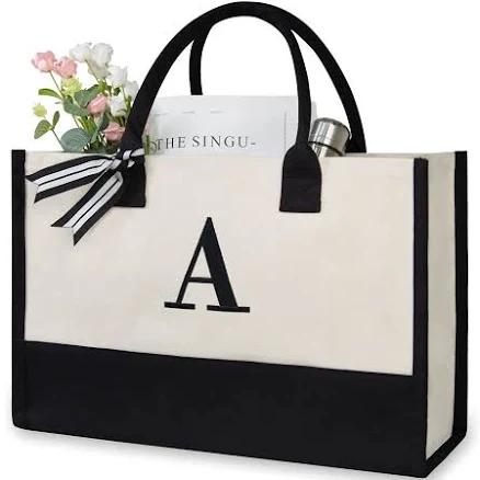 TOPDesign Personalized Initial Canvas Beach Bag, Monogrammed Gift Tote Bag for Women