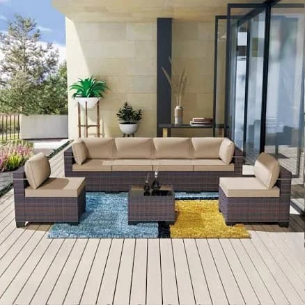 7-Piece Wicker Outdoor Sectional Set with Cushion Sand