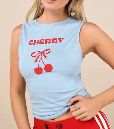 Light Blue Cherry Graphic Tank Top | Womens | Large (Available in XS, S, M, XL)