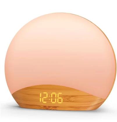 REACHER Wood Grain Sunrise Alarm Clock and Sound Machine Nightlight, Digital Dimmable Clock for Bedroom, 26 Sleep Sounds, White Noise Machine for