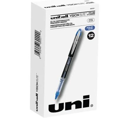 uni-ball Vision Elite Rollerball Pens, Ultra-Fine Point, 0.5 mm, Black Barrel, Blue Ink, Pack Of 12 Pens