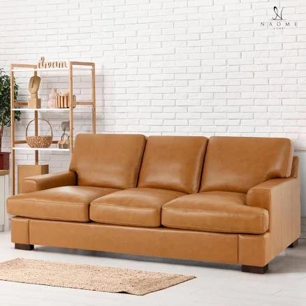 Naomi Home Siggy Genuine Leather Sofa - Luxurious Comfort, Goose Feather Cushion Filling, Square Arm Design, Sturdy Block Legs, Elegant Tan - Ideal