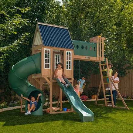 KidKraft Skyway Resort Wooden Outdoor Swing Set, Playset with Tunnel, Tube Slide and Swings