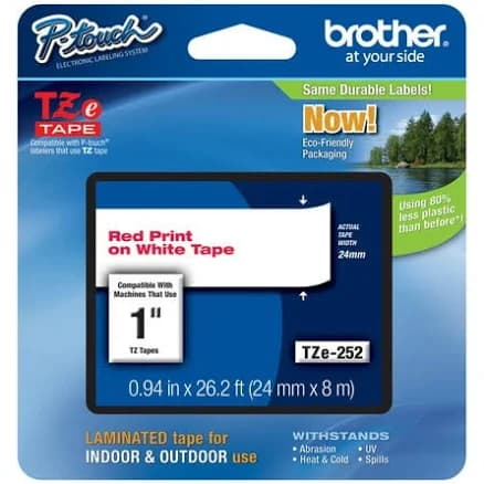 Genuine Brother 1" 24mm Red On White TZe P-Touch Tape