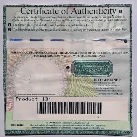 Microsoft Windows 95 Certificate Of Authenticity W/ Product Key Only