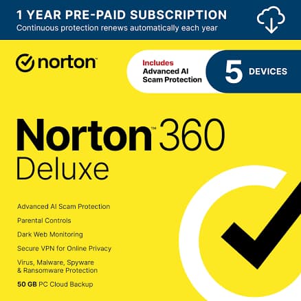Norton 360 Deluxe 2025, Antivirus software for 5 Devices with Auto-Renewal – Includes Advanced AI Scam Protection, VPN, Dark Web Monitoring & PC